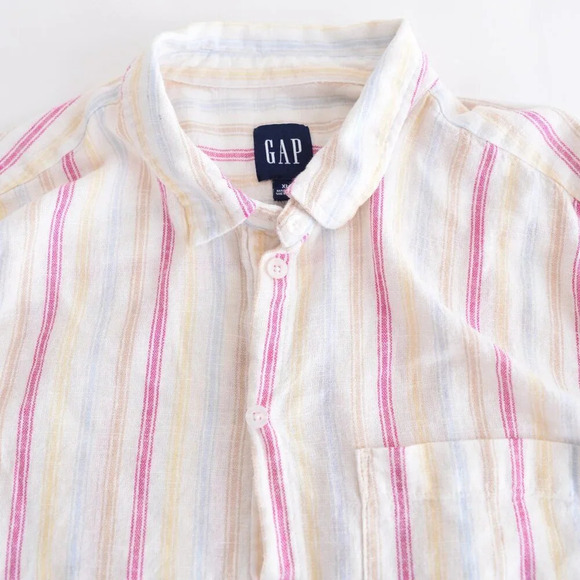 Gap Cream w Pink Stripe 55%  Linen Button Up Lightweight Dress Shirt Size XL - Picture 11 of 11